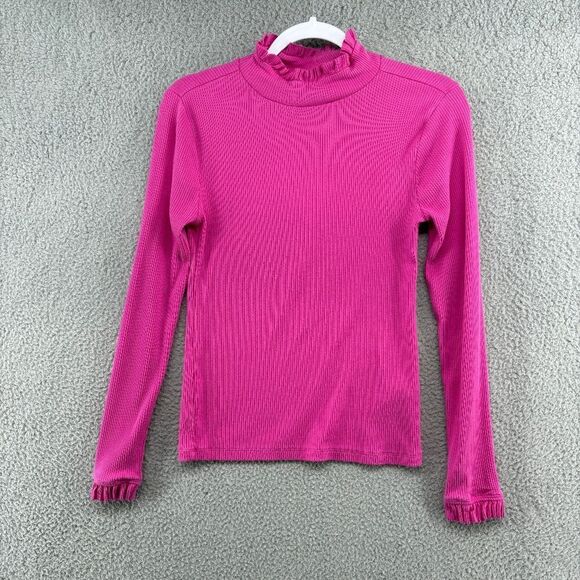 J.Crew Womens VIntage Rib Ruffle Mockneck Top Hot Pink Size Small BM317 - Picture 1 of 7